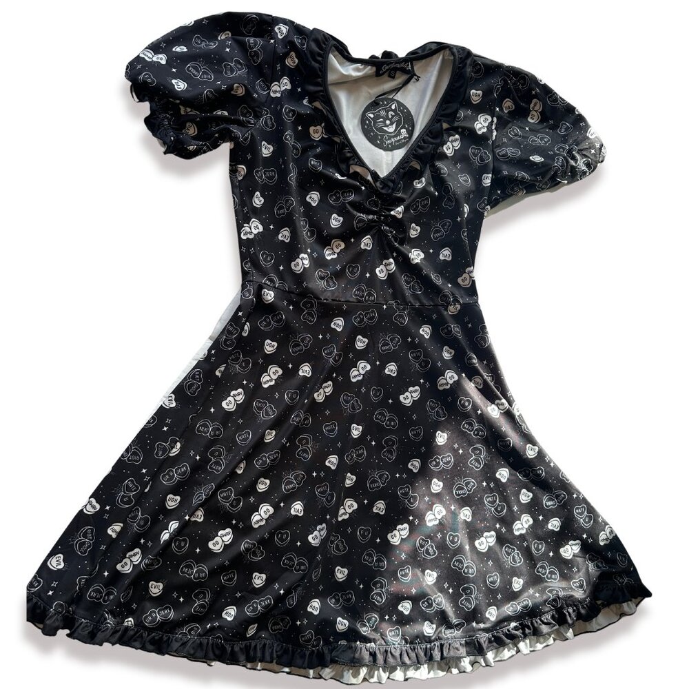 Sourpuss Black Mini Dress with White Patterned Hearts